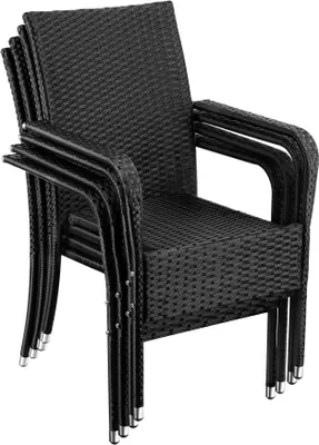 A stack of black rattan chairs on a white background.
