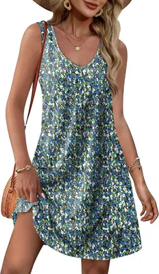 Produktbild von Sommerkleid für Damen mit V-Ausschnitt, ärmellos und mit Taschen, lockeres, knielanges Strandkleid