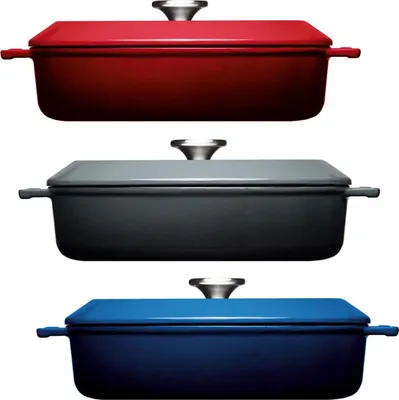 Three cast iron pots in different colors stacked vertically.