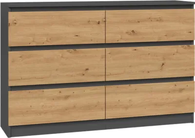 Produktbild von VBChome Kommode mit 6 Schubladen 120 x 30 x 75 cm Eiche Aritsan - Antrazit Grifflose Schubladenkommode Mehrzweckschrank für Flur Schlafzimmer Wohnzimmer Kinderzimmer Modern
