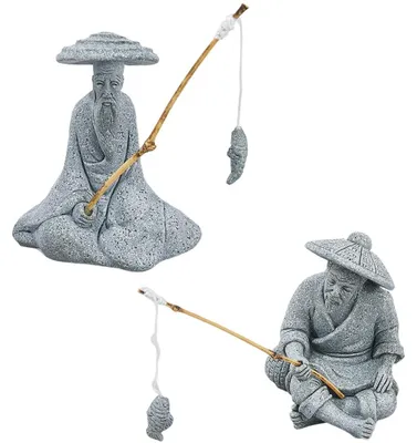 2 Sandstein-Fischerfiguren, 2 Stile, Miniatur-Gartendeko