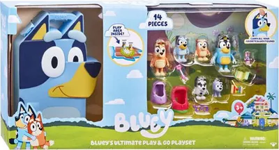 The image shows the packaging of a Bluey's Ultimate Play & Go Playset, which includes figures and accessories.