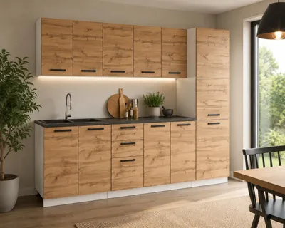Produktbild von ULWEHOME | Küchenzeile 260 cm Eiche Wotan, Küchenmöbel-Set mit Vorratsschrank, Spülenschrank & geteilten Arbeitsplatten 120 cm, KI-generiertes Bild