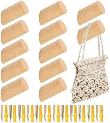 Obrázek produktu pro Dřevěné nástěnné háčky, balení po 12 kusech, 6 cm, kulatina, buk, dekorativní dřevěné háčky, včetně šroubů, vintage háčky na kabáty, šály a oblečení