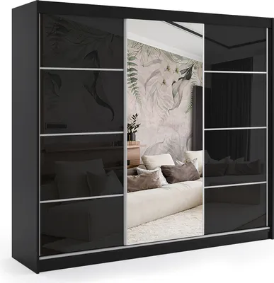 Produktbild von ALTDECOR Kleiderschrank mit Spiegel und Schiebetüren, kugelgelagerte Führungsschienen und Aluminium-Leisten - VIVONA - 180 cm - Schwarz