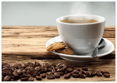 Produktbild von Wallario Premium Glasbild, freischwebende Optik, kräftige Farben, Größe 100 x 70 cm Motiv Heiße Tasse Kaffee mit Kaffeebohnen