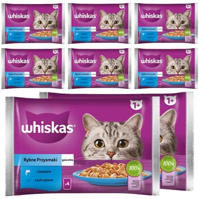 Zdjęcie produktu dla WHISKAS Adult Saszetki 32 x 85g Rybne Przysmaki Mokra Karma Dla Dorosłego Kota w Galaretce Kawałki z Łososiem i z Tuńczykiem