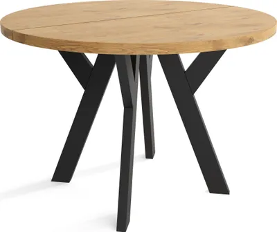 A round wooden dining table with black metal legs, shown against a white background.