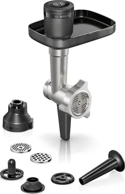 Produktbild von Bosch Zubehör MUZS6HA, Fleischwolf, Lochscheibe 8 mm, 3 Wurstfüller-Aufsatz, Kebbe-Aufsatz, Adapter, für Küchenmaschine Serie 6, schwarz/edelstahl