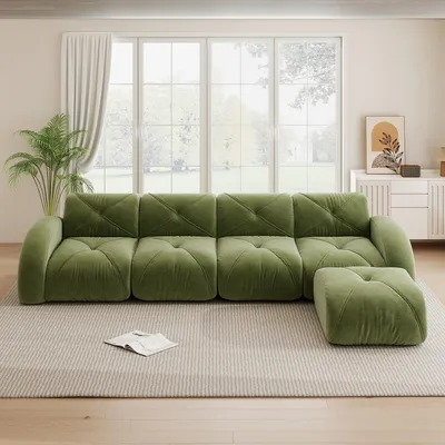 Immagine prodotto di Divano modulare a forma di L, verde, divano angolare per quattro persone con poggiapiedi, rivestito in tessuto chenille, divano senza telaio e senza necessità di montaggio, dimensioni 358x171x76 cm