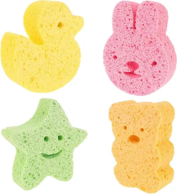 Produktbild von 4 Stück Baby-Badeschwämme, niedliche Tierformen, natürliche Badeschwämme für Kleinkinder, sanft zur Haut von Neugeborenen und Kleinkindern (Grün, Orange, Rosa, Gelb)
