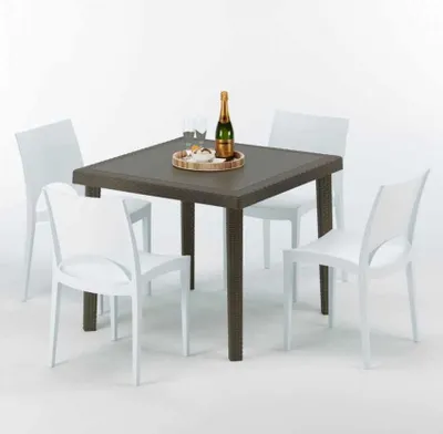 Produktbild von Poly Rattan Tisch Quadratisch mit 4 Bunten Stühlen 90x90 Braun Brown Passion