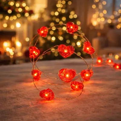 Obrázok produktu pre LED girlanda s motívmi srdiečok – 1,5 metra, 20 LED, napájanie na batérie – vhodné do interiéru – Valentín, svadba, výročie