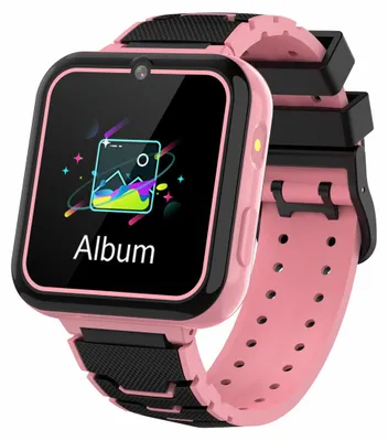 A pink and black smartwatch with a camera and a screen displaying an album icon and text.