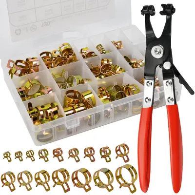 Schlauchschellen-Set 130-tlg., 6–25 mm, Federstahl, mit Zange, verzinkt