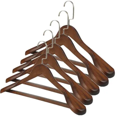 Image de Cintres en bois, lot de 5 - Chêne foncé - Antidérapant/Barre pour pantalons - Épaules larges - Crochet pivotant - 45 cm - Pakhangers