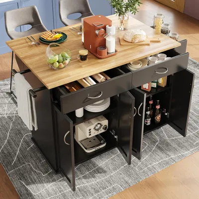Produktbild von Kücheninsel mit ausklappbarer Arbeitsplatte – Küchenwagen auf Rollen, Buffetschrank mit Stauraum als Esstisch, 106x50(78) x90.5 cm, Schwarz/Weiß