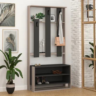 A hallway or entryway with a coat rack and shoe storage unit.