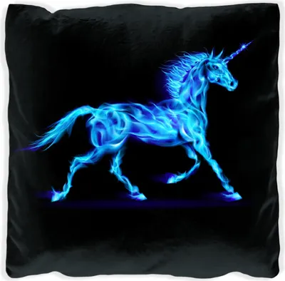 Produktbild von Wallario Premium Kissen, weiche Oberfläche, mit Motiv Design Einhorn - aus blauen Flammen, Größe: 60 x 60 cm, mit weißer Rückseite