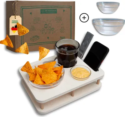 Produktbild von Couchbar Snackbar in Weiß mit 2 Glasschalen - Couchbar Mini - Couch Tablett  für Snacks & Getränke [stabil & sicher] - Snackbar für Kaffeetasse