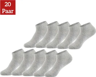 A pack of light gray ankle socks is arranged in two rows against a white background, with a red and white text overlay indicating '20 Paar'.