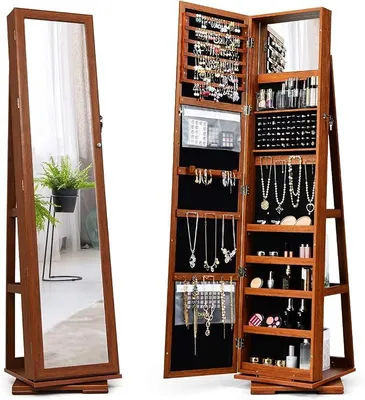 Produktbild von Schmuckschrank, Spiegelschrank mit Ganzkörperspiegel und eingebauter Make-up-Spiegel, 360° drehbar, abschließbar, stehend, Schmuckaufbewahrung, Schmuck-Organizer mit Schlüsseln (Hellbraun)