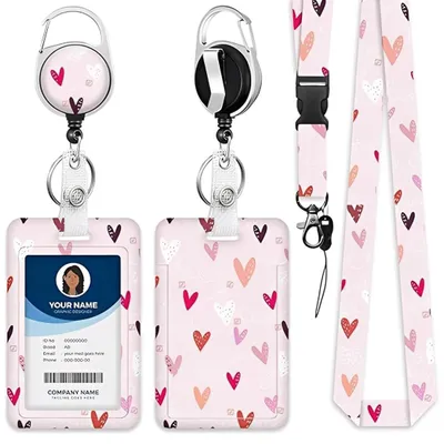 Image de Porte-badge pour les bus avec lanière, porte-badge, porte-badge pour le personnel soignant, porte-badge pour élèves, lot de 3 porte-clés roses en forme de cœur avec porte-badge rétractable