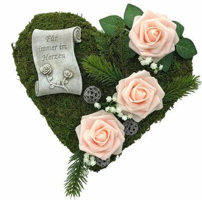 Produktbild von Grabgesteck Grabschmuck Moosherz Grabherz Trauerherz Gesteck - Für immer im Herzen- 30cm 3rosen rosa