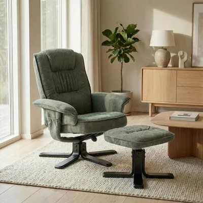 Produktbild von Relaxsessel CHARLY mit Hocker drehbar neigungsverstellbar grün [Max. Belastbarkeit 100 kg] für Wohnzimmer, TV-Sessel Fernsehsessel mit Liegefunktion Polstersessel und Hocker