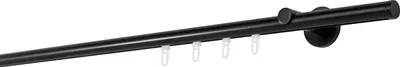 A black curtain rod with hooks against a white background.