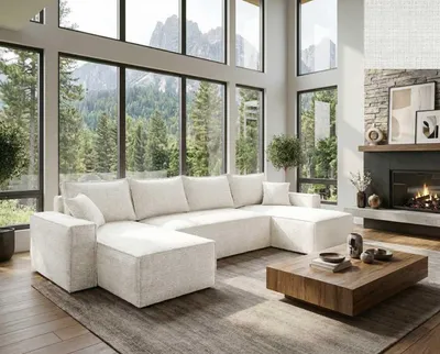 Produktbild von Das U-förmige Ecksofa FELINO von Nordelo universell L/R, 150×310×90 cm, 150x280 Schlaffunktion Stoff Cremona Weiß
