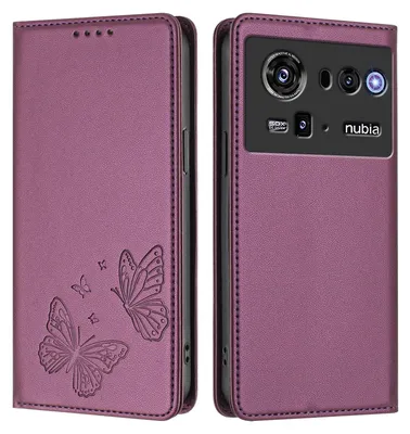 Produktbild von Lederhülle für ZTE nubia Z80 Ultra, Schmetterling Prägung Leder Brieftasche Schutzhülle mit Ständer Lila