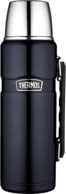 A dark blue Thermos brand insulated bottle with a silver cap and handle.