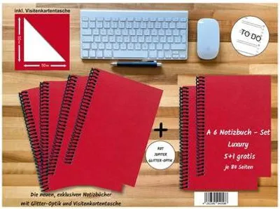 Produktbild von A 6 Notizbuch - Set, 4+2 gratis, Luxury 80 Seiten ROT JUPITER GLITTER-OPTIK, to do