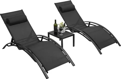 Immagine prodotto di Set di lettini da esterno in alluminio, 3 pezzi con tavolo, regolabile in 5 posizioni, nero - per piscina, giardino, spiaggia, campeggio
