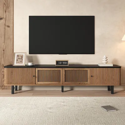 Immagine prodotto di Mobile TV Merax con 2 ante scorrevoli e 2 ante a griglia, mobile TV basso con vani contenitori suddivisi, supporto TV con maniglia rotonda in ferro nero, naturale
