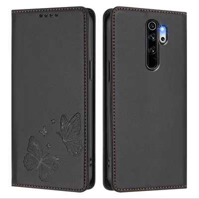 Produktbild von Lederhülle für Xiaomi Redmi Note 8 Pro, Schmetterling Prägung Leder Brieftasche Schutzhülle mit Ständer Schwarz