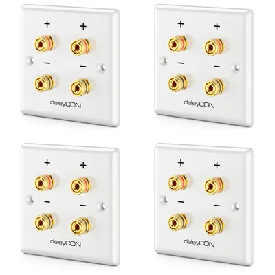 Produktbild von deleyCON 4 Stück Multimedia Lautsprecher Boxen Wanddose Anschlussdose Wandplatte mit Bananenstecker-Buchsen für 2 Lautsprecher (Rot / Schwarz) - Hi-Fi Surround Sound System Heimkino 4er Set