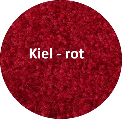 A close-up of a round red mat with text overlay.