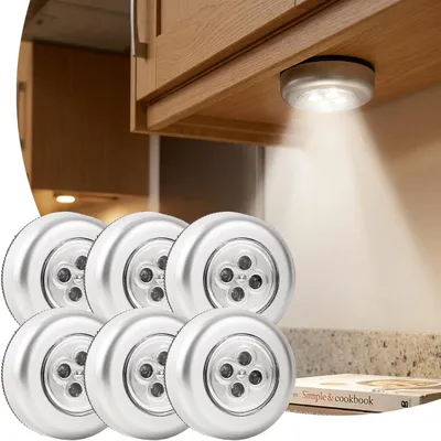 Produktbild von Helle LED-Unterbauleuchten 6er-Set mit Touch-Control, batteriebetriebene Schrankleuchten, selbstklebend - kabellose Push-Lights für Schränke