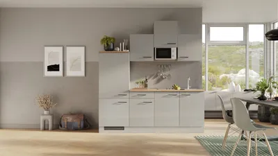 Obrázok produktu pre Kuchynská linka so spotrebičmi Flex Well Lund 210 cm farba čela svetle sivá lesk farba korpusu dýmovo sivá matný