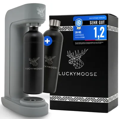 Produktbild von Luckymoose Infinity Wassersprudler mit 2x 1,25L langlebigen, spülmaschinenfesten Edelstahlflaschen – CO₂-sparende Sprudelwasser Maschine