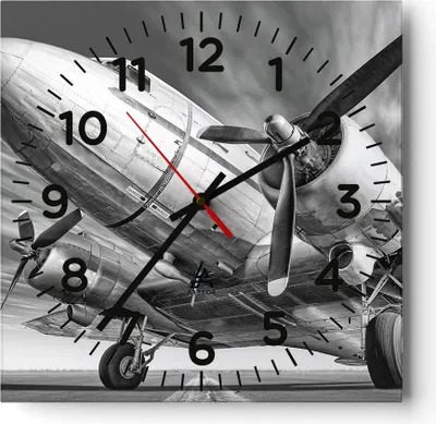 Produktbild von Wanduhr - Quadrat - Glasuhr - Flugzeug Retro Flugzeug - 30x30cm - Schleichendes Uhrwerk - Lautlos - zum Aufhängen bereit - Dekoration Modern - Wanddekoration aus Glas - C4AC30x30-4952
