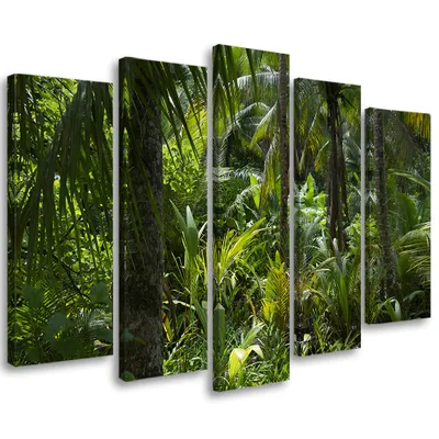 Image de Tableau en toile 5 pièces nature arbre forêt 200 x 100 cm Feeby vert tableau mural prêt à accrocher
