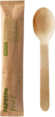 Produktbild von 50 Löffel, Holz"pure" 16 cm natur einzeln verpackt in Papierbeutel >>Im Karton 500 Stück