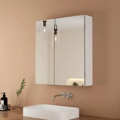 Produktbild von EMKE Spiegelschrank Bad 600x650mm, Aluminium Badezimmerschrank mit 2 Türen, Wandmontage Badschrank Mattweiß, Rostfrei & Soft-Close Scharniere