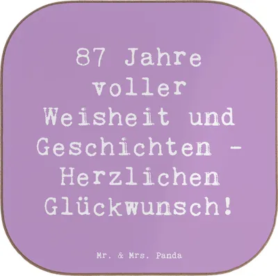 Produktbild von Mr. & Mrs. Panda Untersetzer für Gläser Spruch 87. Geburtstag Weisheit - Lavendeltraum - Geschenk, Ehrentag 87 Jahre, Jubiläum, Tischuntersetzer, besondere Geschenke