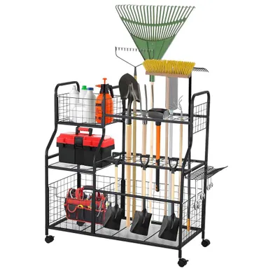 Produktbild von Gartenwerkzeug Organizer Mit Rädern Hochbelastbares Garagen Lagerregal Für Gartengeräte Schaufeln Und Rechen