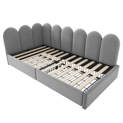 Obrázek produktu pro Čalouněná postel, jednolůžko se zásuvkami, rozkládací pohovka 90 x 200 cm s roštem, postel pro mládež a dospělé, dětská postel, šedá (bez matrace)