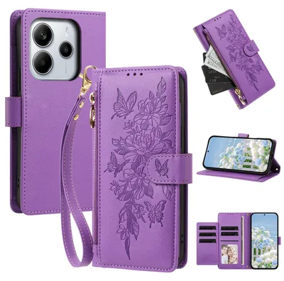 Produktbild von Handyhülle für Xiaomi Redmi Note 14 4G, Wallet Case Kunstleder mit Kartenfächern, Reißverschluss und Handschlaufe Lila